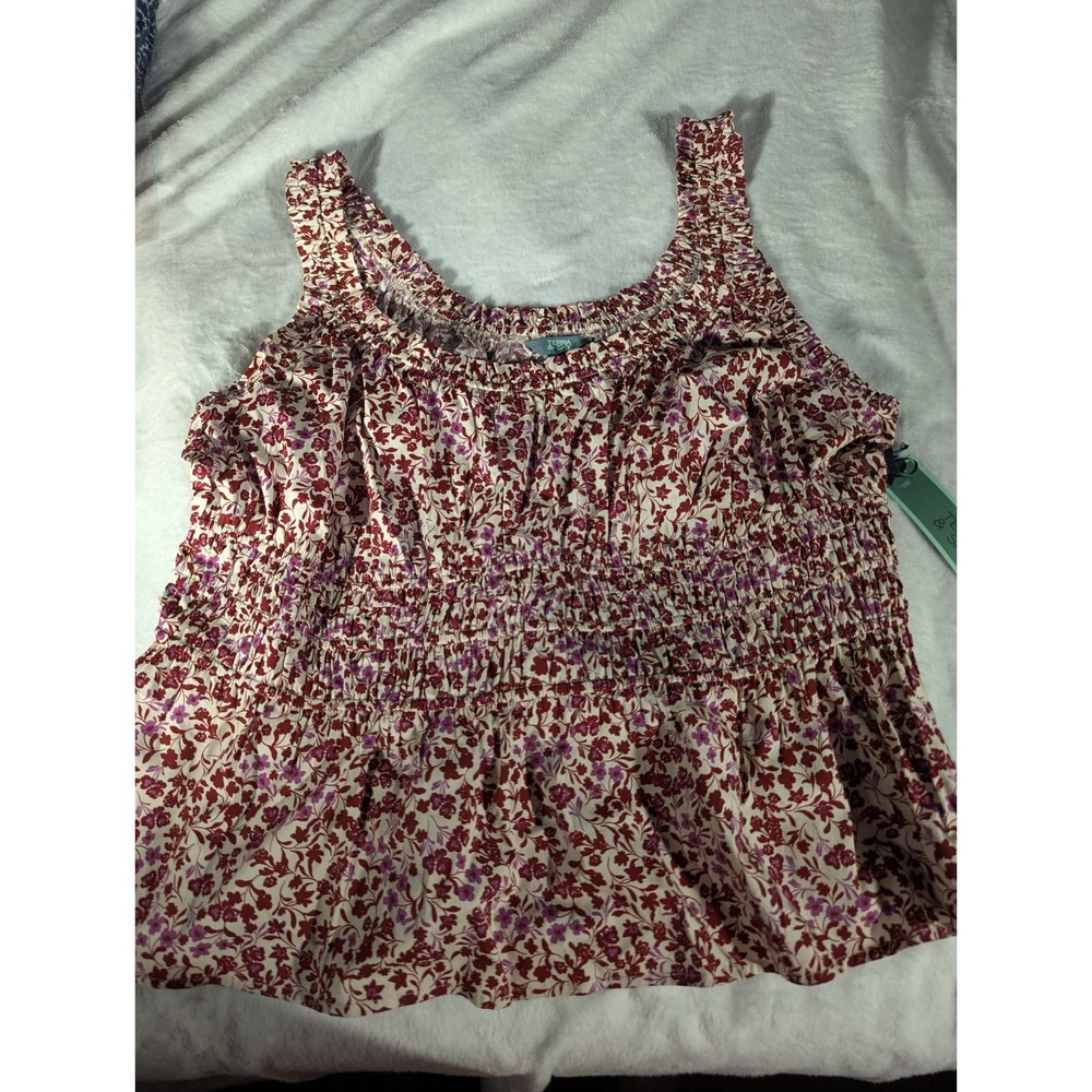 Terra & Sky Peplum Top Womens 2X Maroon Violet Floral NWT Smocked Sleeveless